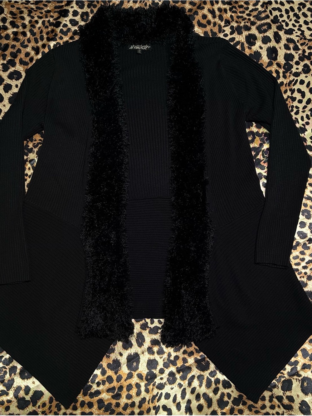 Y2K Absolutely Famous Black Ribbed Cardigan with Faux Fur Trim